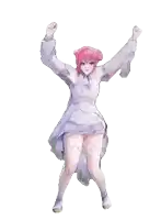a girl with pink hair is dancing with her arms in the air .