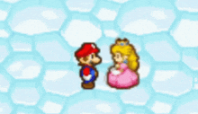 mario and princess peach are standing next to each other on a blue background
