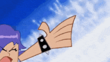 a cartoon character with purple hair and a spiked bracelet on his arm
