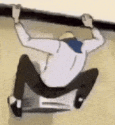 a cartoon of a man climbing a wall with his hands .