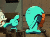 a cartoon of a cat talking to a blue cartoon character