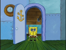 a cartoon of spongebob in front of a door with an anchor on it