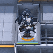 a cartoon character is standing in a room with a gun .