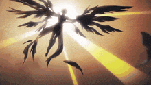 a silhouette of a woman with wings is flying in the air