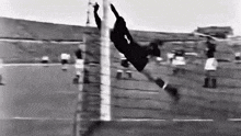 a black and white photo of a person hanging from a pole .