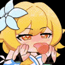 a cartoon girl with a flower in her hair is licking a strawberry .