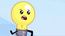 a light bulb with a surprised face is standing on a pink background .