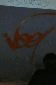 a person is spray painting the word vee on a blue wall