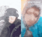 a man wearing headphones is next to a woman wearing a hooded jacket ..