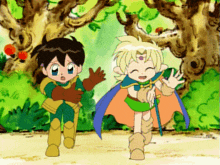 a boy and a girl standing next to each other in a cartoon