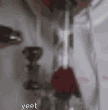 a blurred image of a red rose with the word yeet on the bottom