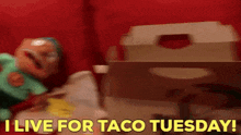 a puppet says " i live for taco tuesday " in yellow letters