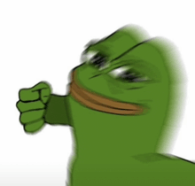 a blurry picture of a green frog with a fist in his mouth .