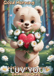 a teddy bear is holding a bouquet of flowers and a heart that says i love you on it