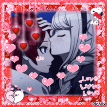 a picture of a girl kissing a boy on the forehead with the words love love love on the bottom