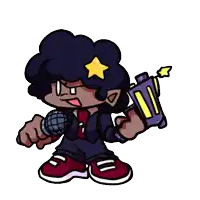 a cartoon character holding a microphone and a gun with a yellow star on his head