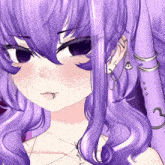 a close up of a girl with purple hair wearing earrings