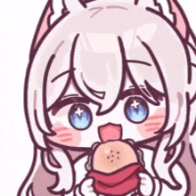 a cartoon cat girl is holding a hamburger in her hands .