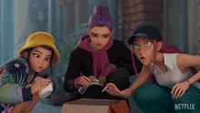 three cartoon characters looking at a box with netflix written on the bottom right