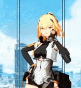 a girl in a black and white outfit is talking on a cell phone