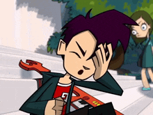 a cartoon character with purple hair and a red shirt with the letter g on it