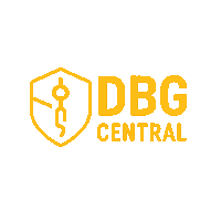 a yellow logo for dbg central with a shield and a caduceus
