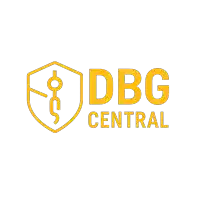 a yellow logo for dbg central with a shield and a caduceus