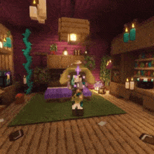 a person is standing in a room with purple smoke coming out of a bottle .