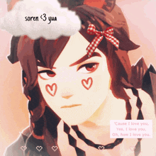 a drawing of a girl with hearts on her face and the words soren 3 yua above her head