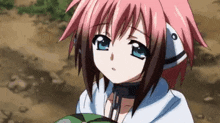 a girl with pink hair and blue eyes is holding a watermelon and looking at the camera .
