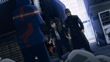 a group of anime characters are standing in front of a building with a vending machine that says soda