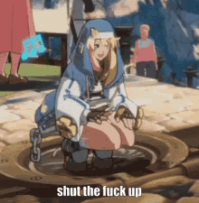 a cartoon of a girl kneeling down with the words shut the fuck up above her