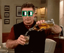a man wearing green sunglasses is pouring a drink into a glass