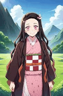 a girl in a kimono is standing in a field .