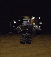 a cartoon character with a purple face is surrounded by white stars