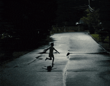 a shadow of a person running down a dark street