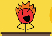 a cartoon drawing of a red ball with flames coming out of it 's head