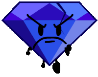 a blue diamond with a sad face and arms