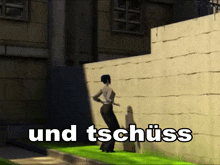 a computer generated image of a woman standing next to a wall with the words und tschuss written below her