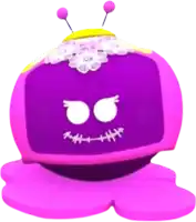 a purple toy with a yellow top and antennas has a face on it