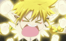 a cartoon character with yellow hair and white ears is making an angry face