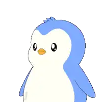 a blue and white penguin with the word stop on top of it