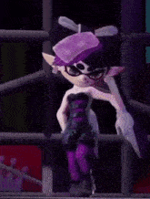 a cartoon character in a black and purple dress is standing next to a fence .