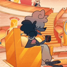a cartoon character sitting in a chair holding a cup