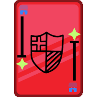 a red playing card with a shield and a t on it