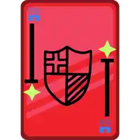a red playing card with a shield and a t on it