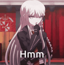 a girl with long white hair says hmm