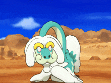 a pixel art drawing of a bunny with a blue tail