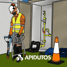 a cartoon of a man holding a drill with the word apidutos on the bottom