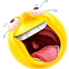 a yellow smiley face with tears coming out of its eyes and its tongue out .